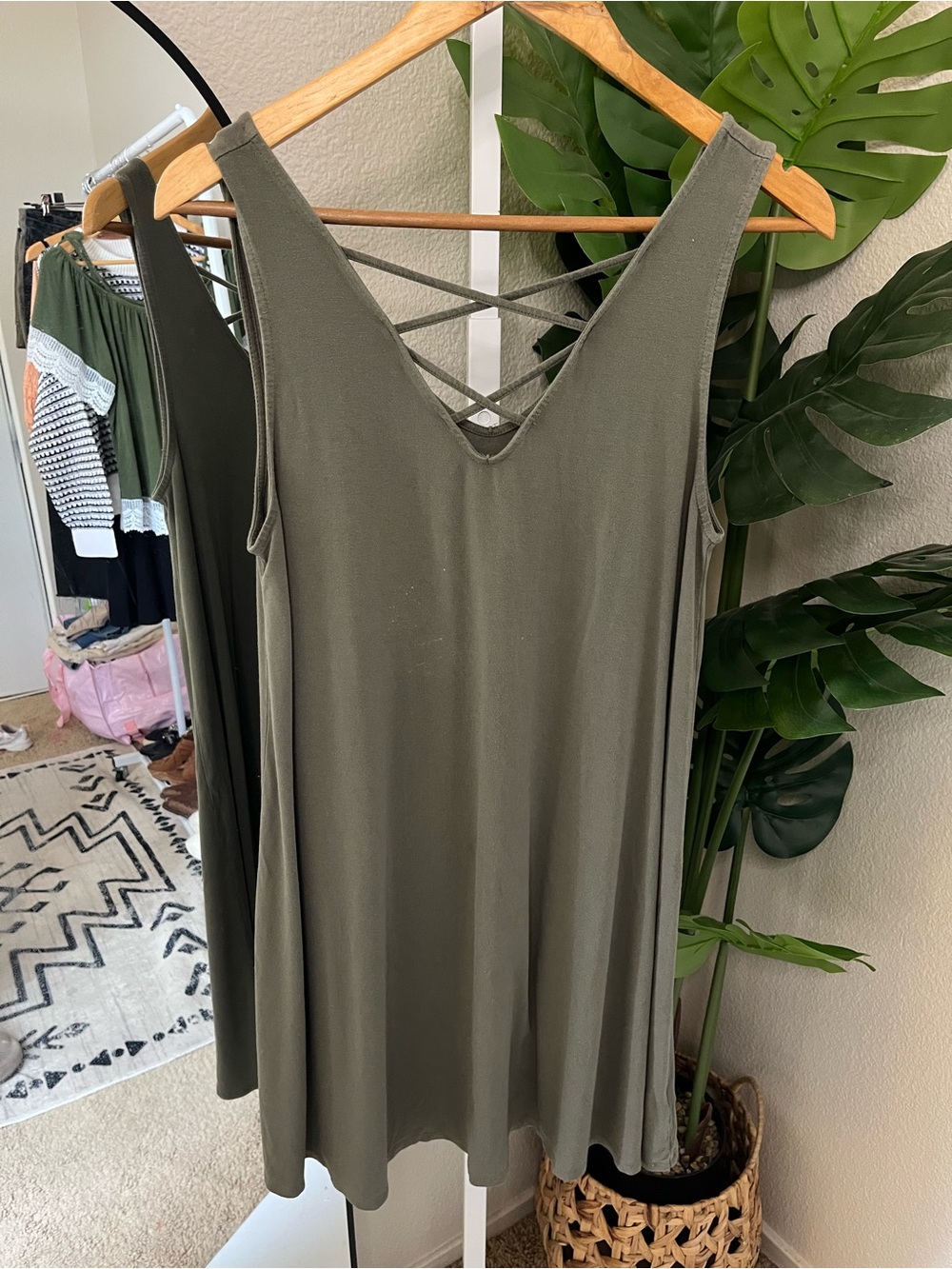 🌿 Arizona Jean Co Olive Swing Tank Dress L | Minimal Boho Casual Dress